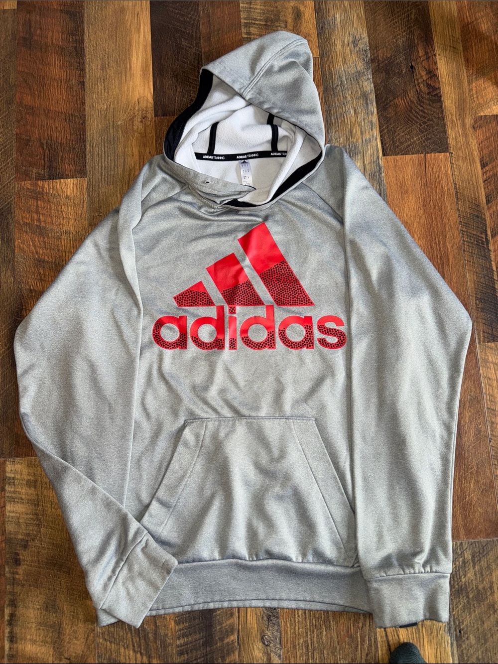 adidas Men’s Light Gray Crewneck Hoodie with Red Logo